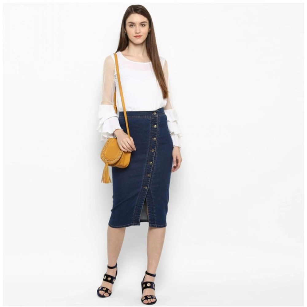 Generic Women's Denim Front Button Buttoned Skirt (Blue)