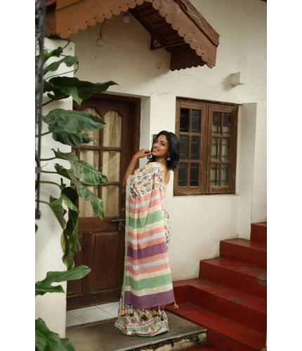 Generic Women's Linen Printed Saree With Unstitched Blouse 5.5Mtr (Multicolor)
