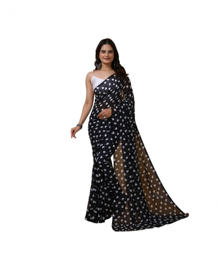 Generic Women's Georgette Printed Saree With Unstitched Blouse 5.5Mtr (Black)
