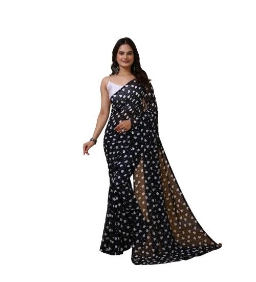 Generic Women's Georgette Printed Saree With Unstitched Blouse 5.5Mtr (Black)