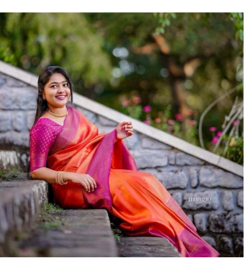 Generic Women's Soft Litchi Silk Jacquard Work Saree With Unstitched Blouse 5.5Mtr (Orange)