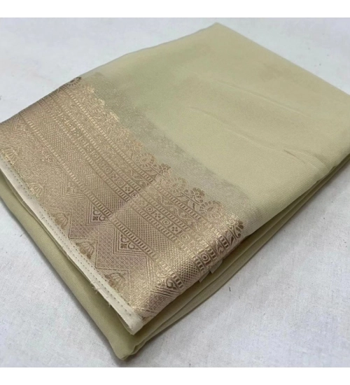 Generic Women's Crepe Chit Pallu Solid Saree With Unstitched Blouse 5.5Mtr (Beige)