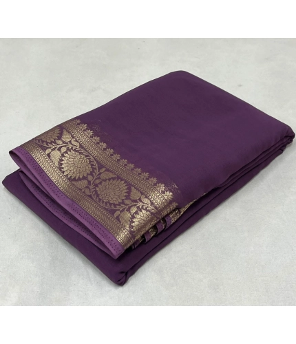 Generic Women's Crepe Chit Pallu Solid Saree With Unstitched Blouse 5.5Mtr (Purple)
