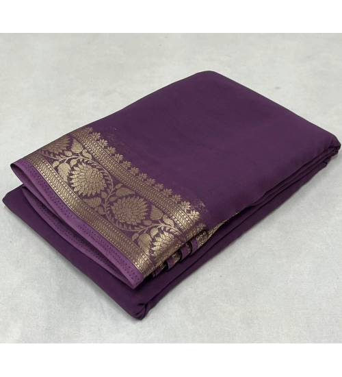 Generic Women's Crepe Chit Pallu Solid Saree With Unstitched Blouse 5.5Mtr (Purple)