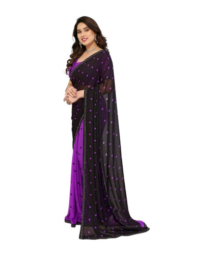 Generic Women's Georgette Printed Saree With Unstitched Blouse 5.5Mtr (Black-Purple)