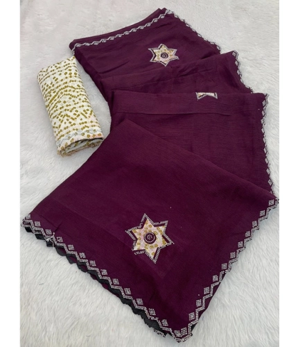 Generic Women's Chiffon Butti Dotted Saree With Unstitched Blouse 5.5Mtr (Wine)