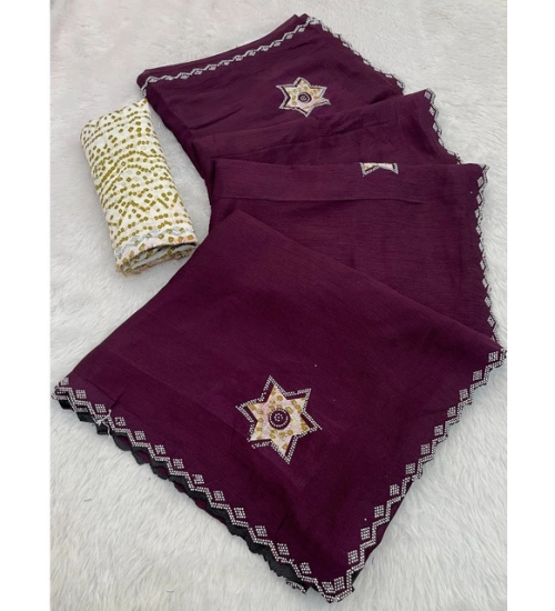 Generic Women's Chiffon Butti Dotted Saree With Unstitched Blouse 5.5Mtr (Wine)