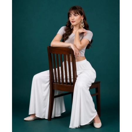 Generic Women's Georgette Solid Mid-Rise Wide Leg Flared Palazzo Pants with Elastic Waist (White)