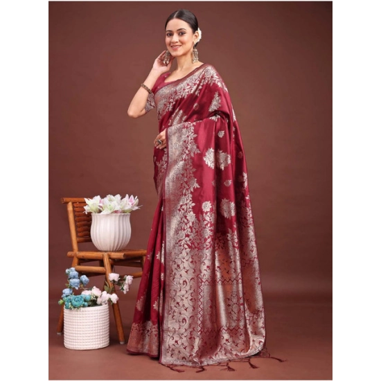 Generic Women's Banarasi Silk Printed Saree With Unstitched Blouse 5.5Mtr (Maroon)