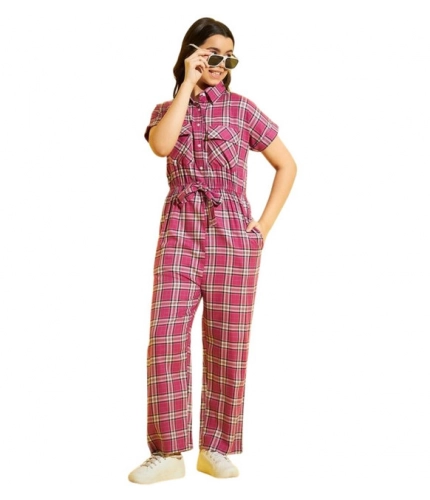 Generic Girl's Cotton Checkered Short Sleeves Jumpsuit (Pink)