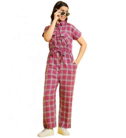 Generic Girl's Cotton Checkered Short Sleeves Jumpsuit (Pink) Generic Girl's Cotton Checkered Short Sleeves Jumpsuit (Pink)