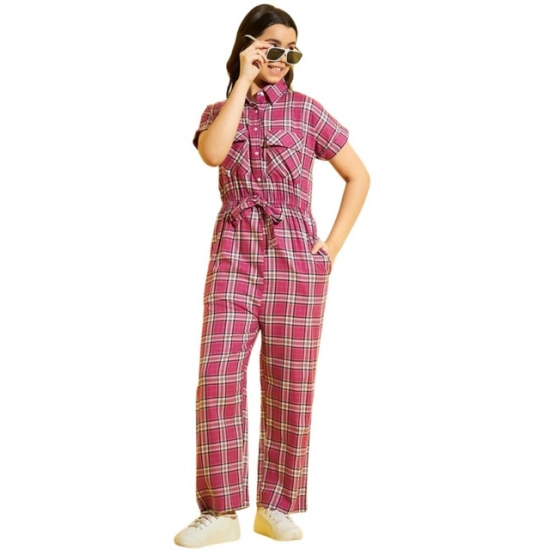 Generic Girl's Cotton Checkered Short Sleeves Jumpsuit (Pink)