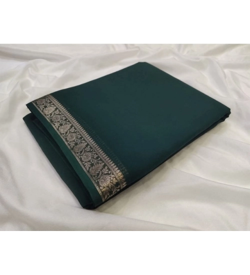 Generic Women's Crepe Chit Pallu Solid Saree With Unstitched Blouse 5.5Mtr (Bottle Green)