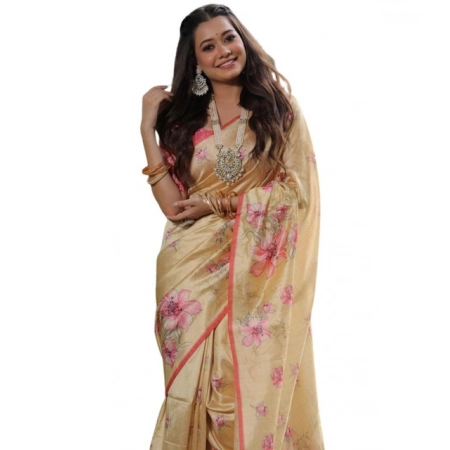 Generic Women's Faux_Tussar Floral_Print Saree With Unstitched Blouse 5.5Mtr (Cream) Generic Women's Faux_Tussar Floral_Print Saree With Unstitched Blouse 5.5Mtr (Cream)