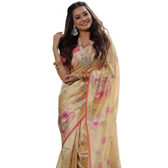 Generic Women's Faux_Tussar Floral_Print Saree With Unstitched Blouse 5.5Mtr (Cream) Generic Women's Faux_Tussar Floral_Print Saree With Unstitched Blouse 5.5Mtr (Cream)