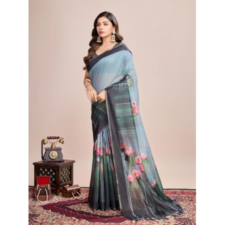 Generic Women's Semi Cotton Digital Print Saree With Unstitched Blouse 5.5Mtr (Green)