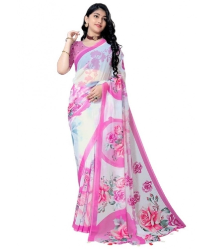 Generic Women's Georgette Floral Printed Saree With Unstitched Blouse 5.5Mtr (Pink)
