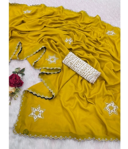 Generic Women's Chiffon Butti Dotted Saree With Unstitched Blouse 5.5Mtr (Yellow)