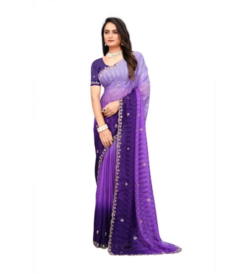 Generic Women's Chiffon Embroidred Saree With Unstitched Blouse 5.5Mtr (Purple)