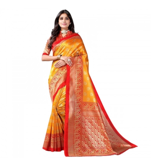 Generic Women's Litchi silk Printed Saree With Unstitched Blouse  5-6 Mtrs (Mustard Yellow)