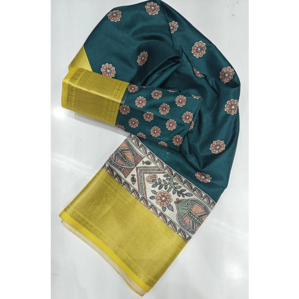 Women’s Cotton Silk Printed Saree With Unstitched Blouse 5.5Mtr (Green)