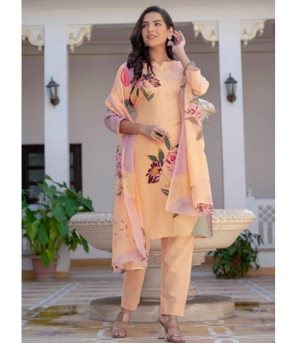 Generic Women's Cotton Blend Printed Kurti With Pant Dupatta Set (Orange)