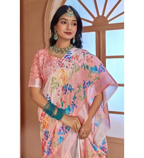 Generic Women's Printed Cotton Linen Saree withPrinted  Saree With Unstitched Blouse (Pink , 5-6Mtrs)