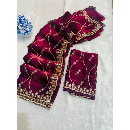Generic Women's Slik Embellished Saree With Unstitched Blouse 5.5Mtr (Wine)