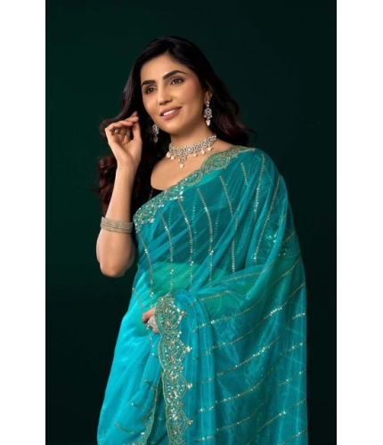 Generic Women's Net Sequence Saree With Unstitched Blouse 5.5Mtr (Turquoise)