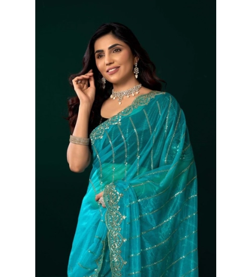 Generic Women's Net Sequence Saree With Unstitched Blouse 5.5Mtr (Turquoise)