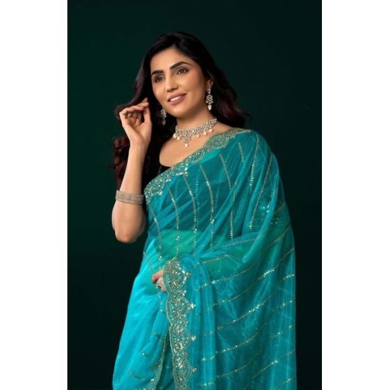 Generic Women's Net Sequence Saree With Unstitched Blouse 5.5Mtr (Turquoise) Generic Women's Net Sequence Saree With Unstitched Blouse 5.5Mtr (Turquoise)