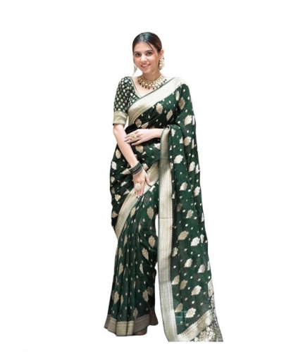 Generic Women's Soft Lichi Silk Printed Saree With Unstitched Blouse 5.5Mtr (Green)
