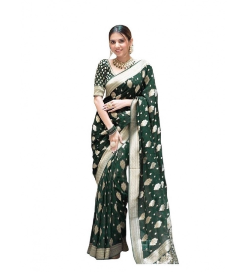 Generic Women's Soft Lichi Silk Printed Saree With Unstitched Blouse 5.5Mtr (Green)