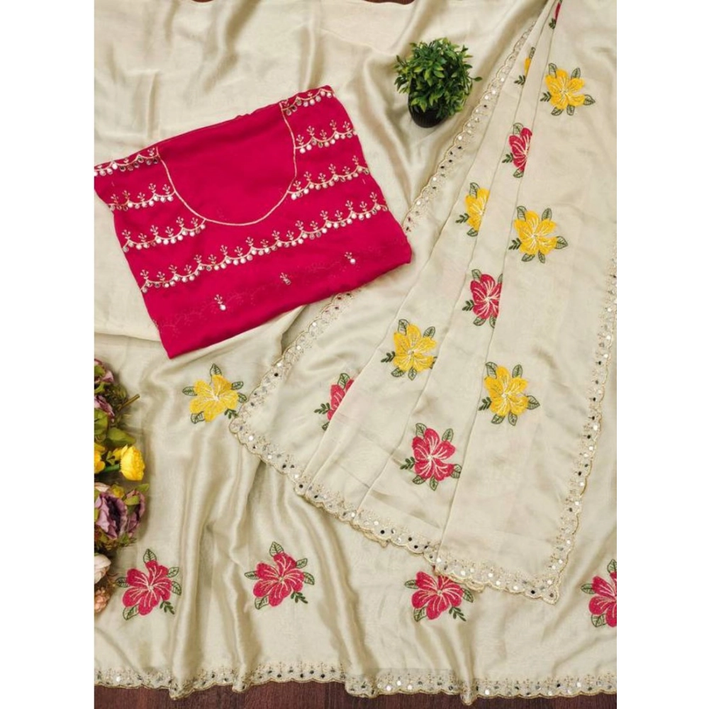 Generic Women's Georgette Embellished Saree With Unstitched Blouse 5.5Mtr�(Cream)