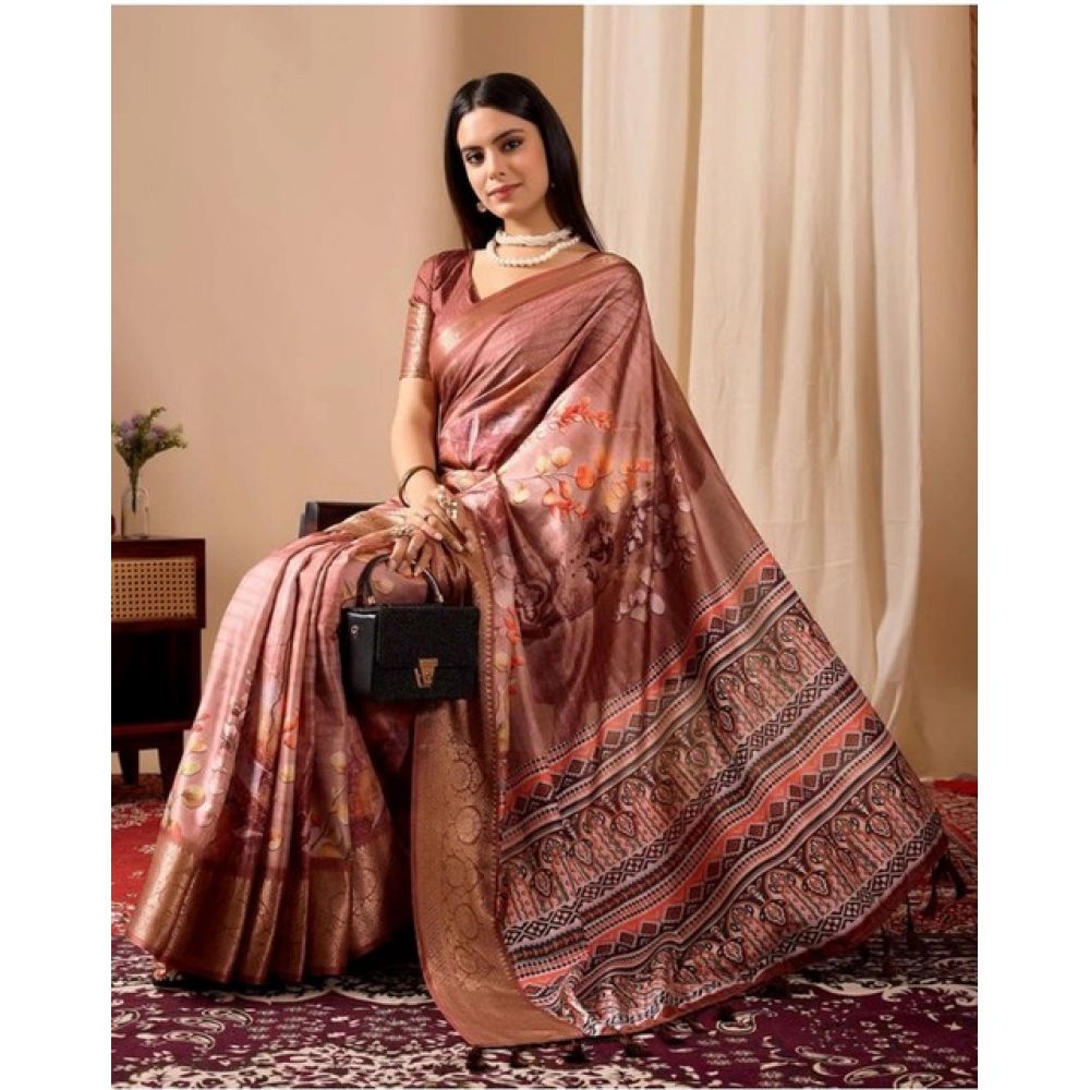 Generic Women's Faux_Silk Printed Saree With Unstitched Blouse 5.5Mtr (Brown)