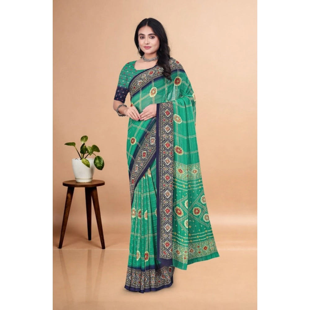 Women's Art Silk Printed Saree With Unstitched Blouse 5.5Mtr (Green)