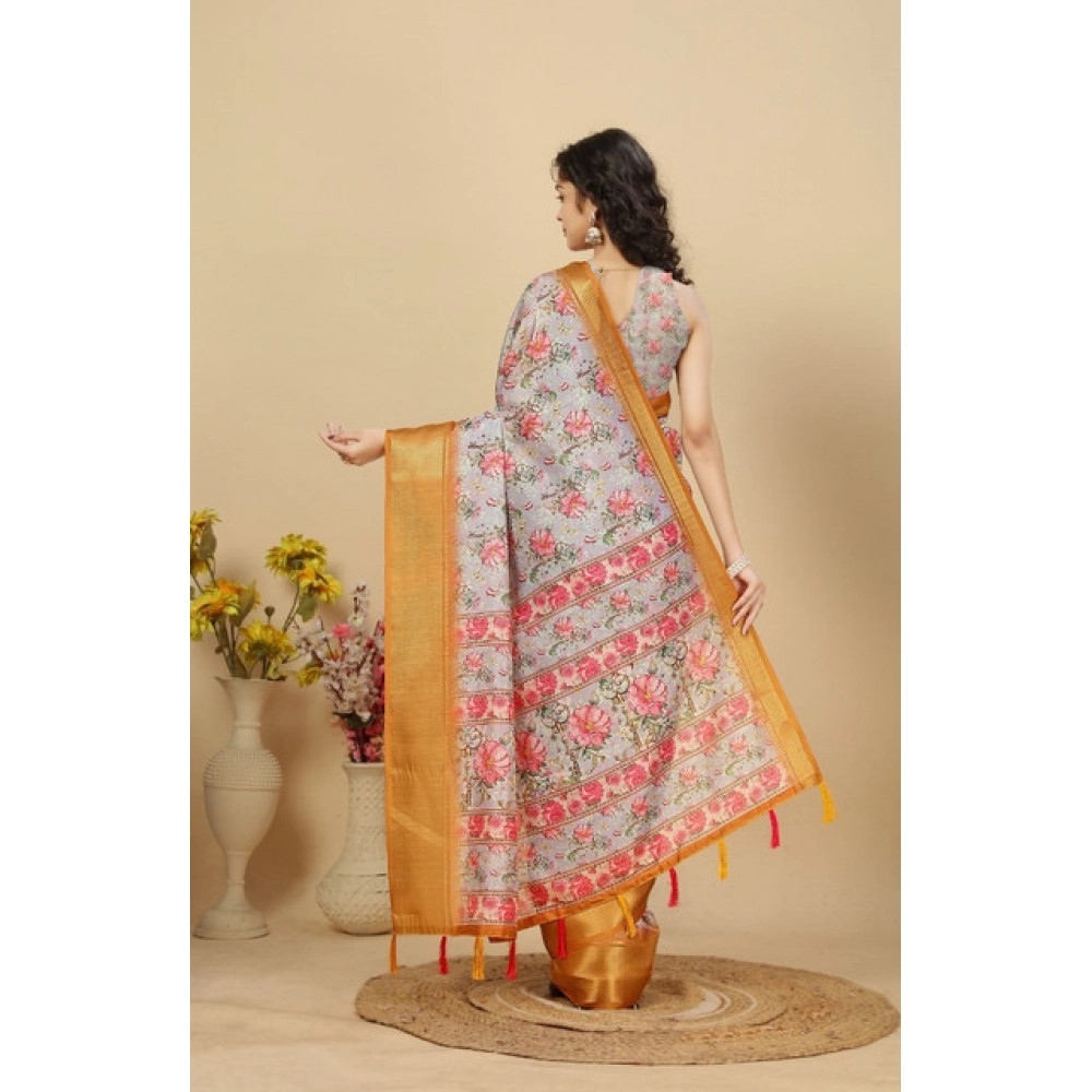Generic Women's Cotton Silk Floral Printed Saree With Unstitched Blouse 5.5Mtr (Lavender)