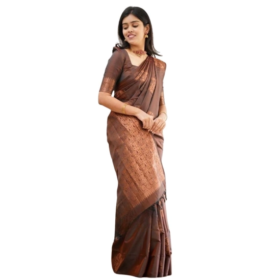 Generic Women's Soft Litchi Silk Jacquard Work Saree With Unstitched Blouse 5.5Mtr (Brown)