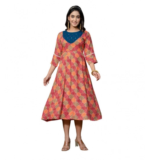 Generic Women's Rayon Print With Embroidery Work A-Line Kurti (Multicolor)
