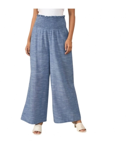 Generic Women's Cotton Self Design Smocked Trousers (Blue)
