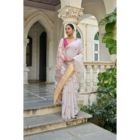 Generic Women's Blended_Cotton Floral Weaving Pattern Saree With Unstitched Blouse 5.5Mtr (Yellow)