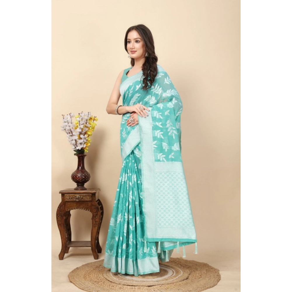 Women's Art Silk Jacquard Printed Saree With Unstitched Blouse 5.5Mtr (Sky Blue)