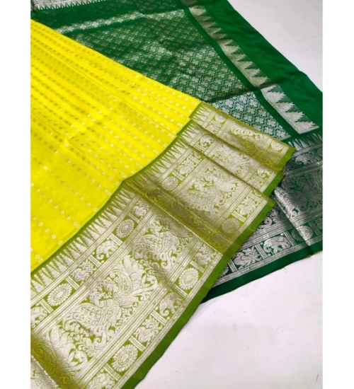 Generic Women's Soft Litchi Silk Jacquard Work Saree With Unstitched Blouse 5.5Mtr (Yellow)