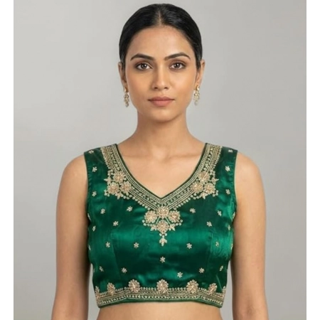 Generic Women's Silk Embroidered V-Neck Sleeveless Readymade Padded Blouse (Green, Size 38)