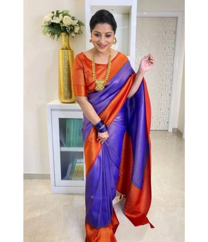 Generic Women's Soft Lichi Silk Printed Saree With Unstitched Blouse 5.5Mtr (Blue)