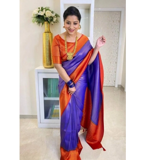 Generic Women's Soft Lichi Silk Printed Saree With Unstitched Blouse 5.5Mtr (Blue)