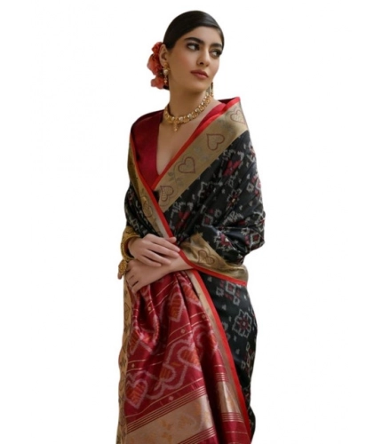 Generic Women's Silk_Blend Ethnic Ikat Pattern Saree With Unstitched Blouse 5.5Mtr (Black)