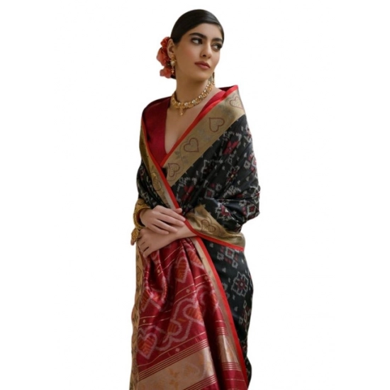Generic Women's Silk_Blend Ethnic Ikat Pattern Saree With Unstitched Blouse 5.5Mtr (Black)