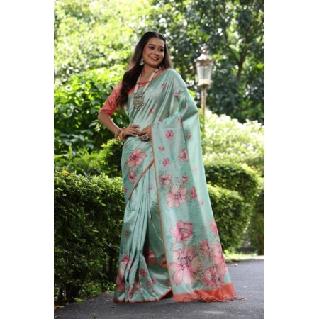 Generic Women's Faux_Tussar Floral_Print Saree With Unstitched Blouse 5.5Mtr (Dark_Green) Generic Women's Faux_Tussar Floral_Print Saree With Unstitched Blouse 5.5Mtr (Dark_Green)