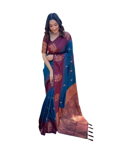 Generic Women's Soft Lichi Silk Printed Saree With Unstitched Blouse 5.5Mtr (Blue)